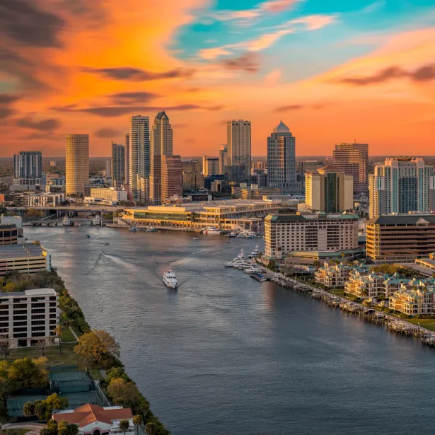 Aerial view of Tampa, Florida at sunset