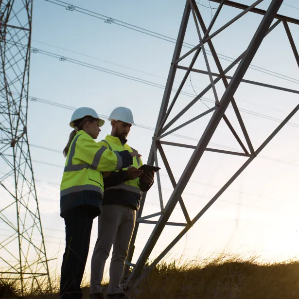 Teamwork, electrical engineer and tablet in power plant with inspection for electricity transmission or tower check. Engineering, collaboration or data transfer for energy distribution or maintenance