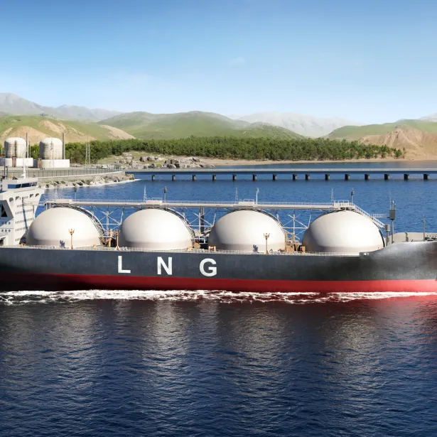 This digitally created image features an LNG tanker docked at an industrial harbor, surrounded by infrastructure and mountains. Perfect for use in discussions about energy distribution, maritime transport logistics, and industrial landscapes