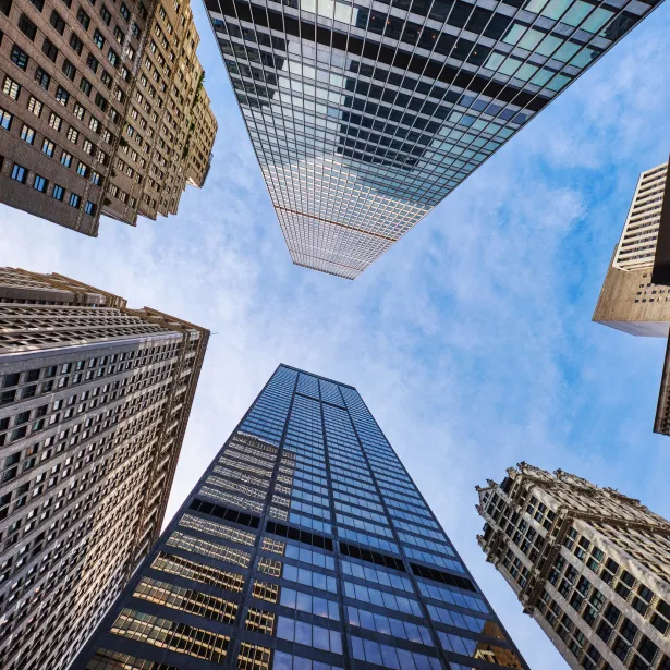  Upward View of Modern Skyscrapers in New York City