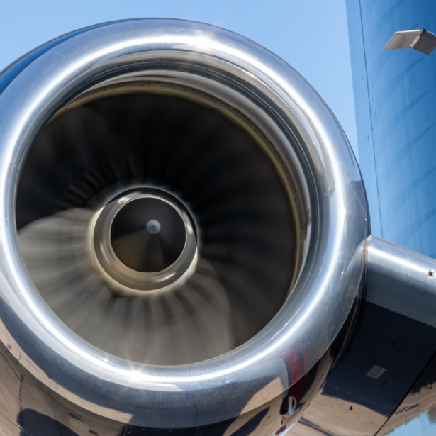 A close up view of an airplane engine