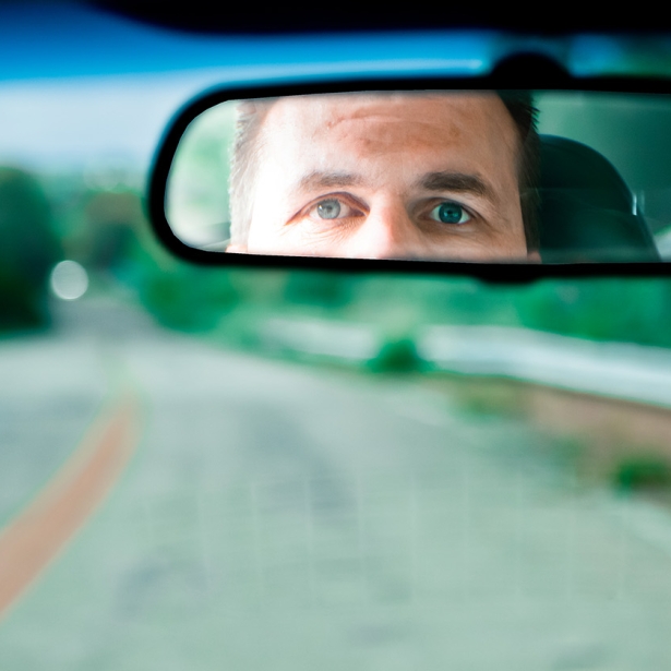 Man driving looking at rearview mirror