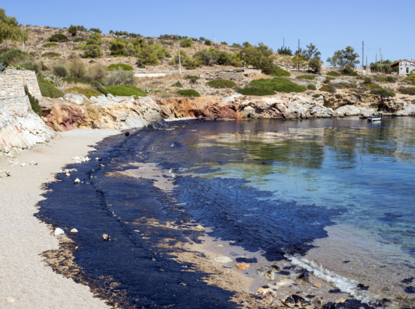 An oil spill pictured along a curved shoreline with buildings in the distance