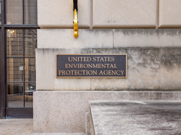 Picture of brown metal plaque on outside of building that reads (in gold letters) "United States Environmental Protection Agency"