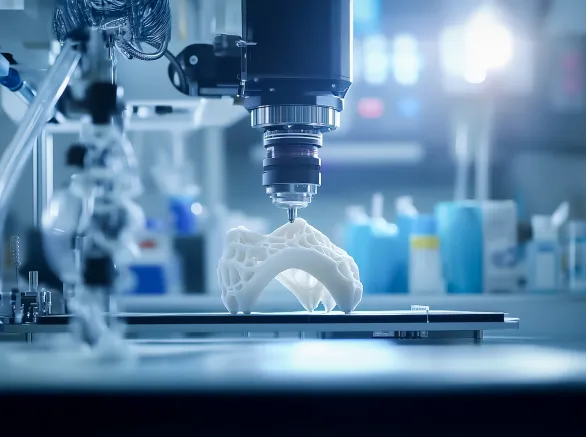 Close-up of a 3D printer crafting a complex medical model in a laboratory, focusing on precision and innovation in healthcare technology. 