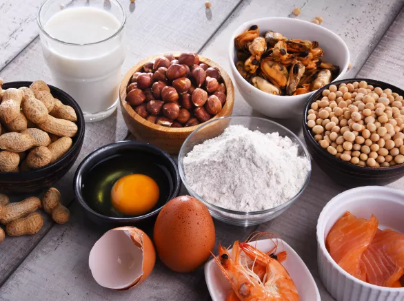 Composition with common food allergens including egg, milk, soya, peanuts, hazelnut, fish, seafood and wheat flour