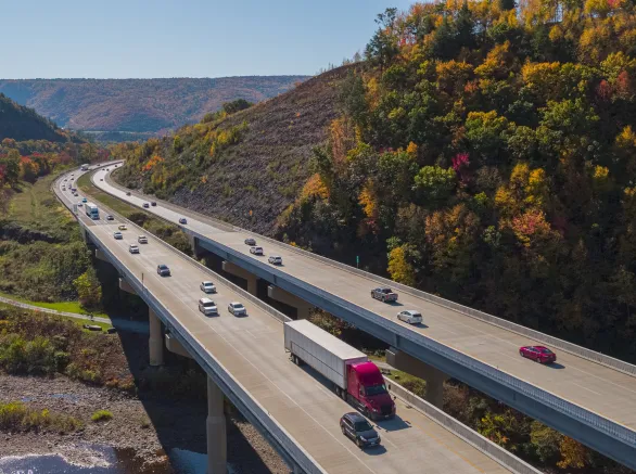 The high bridge at the Pennsylvania Turnpike on the sunny spring day. Lehigh Valley, Poconos region, Pennsylvania, USA.
