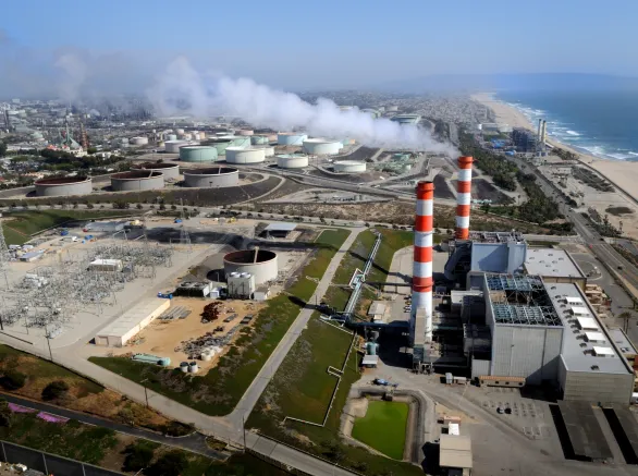 Aerial view of the towering stacks on Pacific Coast Highway at Huntington Beach, California