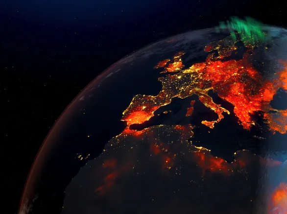 Concept of Earth wildfire view from space rotation day to night skyline. Greenhouse gas effect. Realistic 3d rendering animation. elements of this image furnished by NASA.