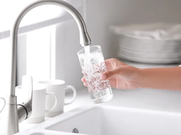 Woman pouring water into glass in kitchen, closeup