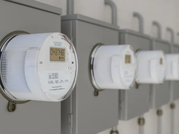 Close-up View Of Electric Meters On Wall With Blurred Background
