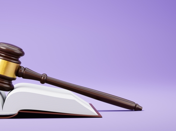 Judge's Gavel and an Open Book on Purple Background