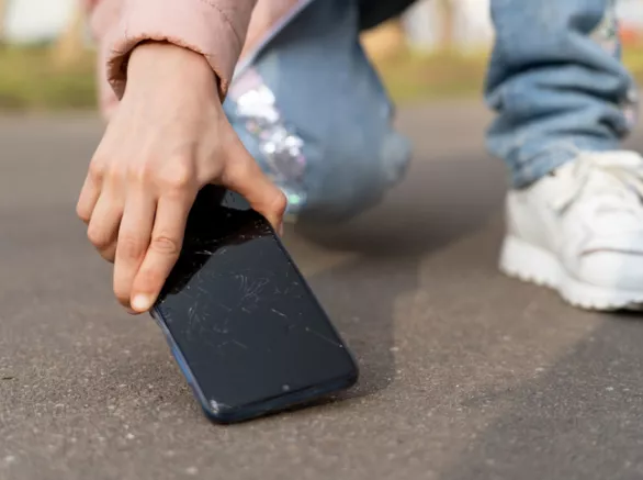 A person drops a cell phone on the sidewalk. Exponent studies the strength and fracture of glass to improve screen technologies.