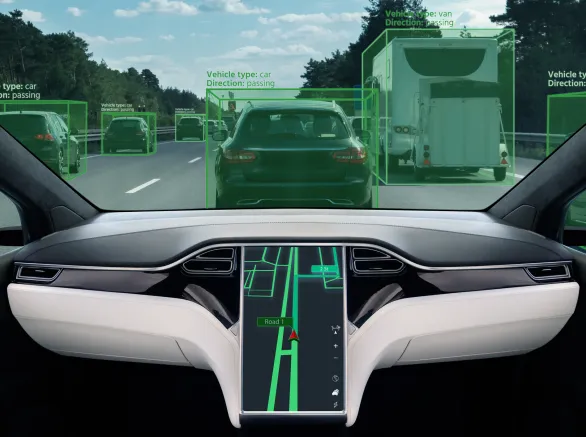 Self driving car on a road. Autonomous vehicle. Inside view.