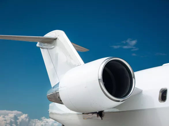 Private jet airplane engine close up