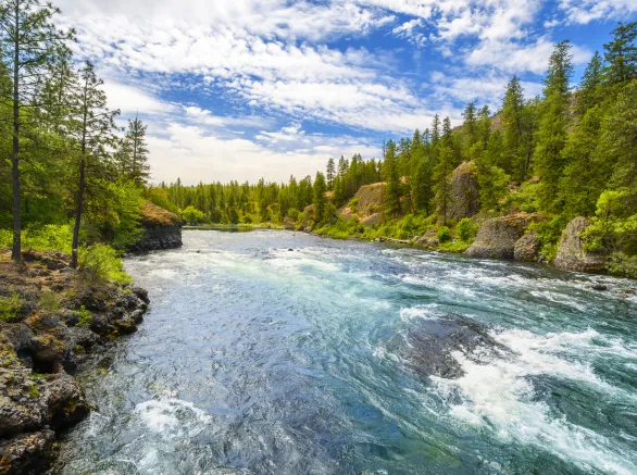 The Spokane River as it runs through the Riverside State Park near downtown Spokane, Washington, USA