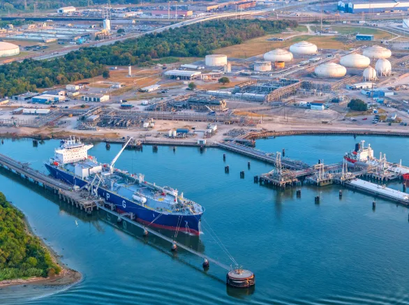Two liquid petroleum gas (LPG) tankers and one LPG barge moore at a loading facility along the Buffalo Bayou's Houston Shipping Channel located about 4 miles east of downtown Houston, Texas.