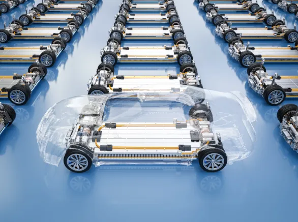 3d rendering electric cars assembly line with pack of battery cells module on platform