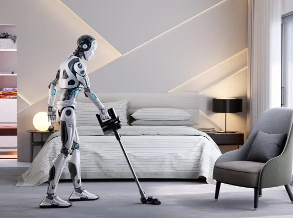 Robot assistant doing vacuuming a room. Home helper. Smart assistant. 3D illustration