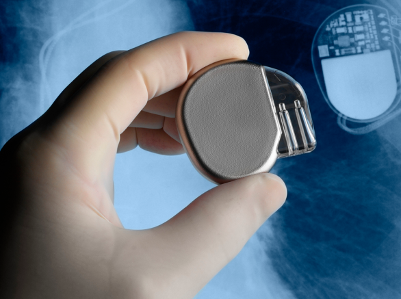 Hand holding a pacemaker in front of an x-ray