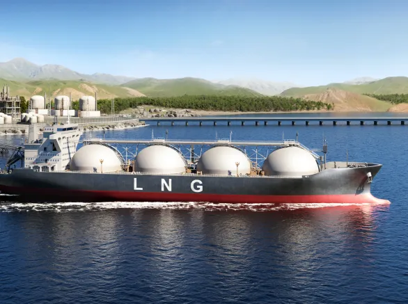 This digitally created image features an LNG tanker docked at an industrial harbor, surrounded by infrastructure and mountains. Perfect for use in discussions about energy distribution, maritime transport logistics, and industrial landscapes