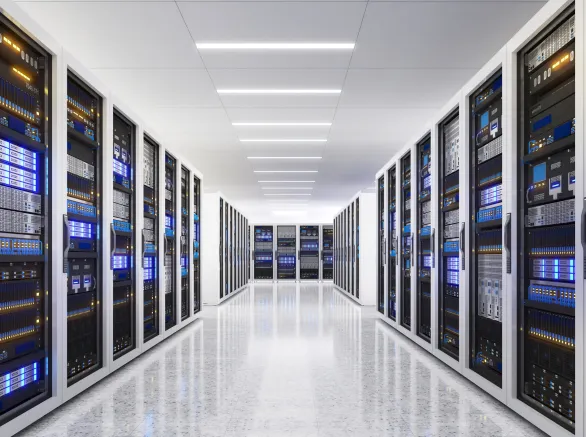 White storage and processing unit, large AI processing server room, data center storage and network processing room, SSD and hard disk drive storage, and processor cooling system,3D rendering