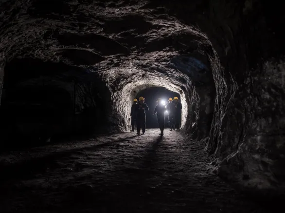 Group of men in a dark mine underground - mining concepts