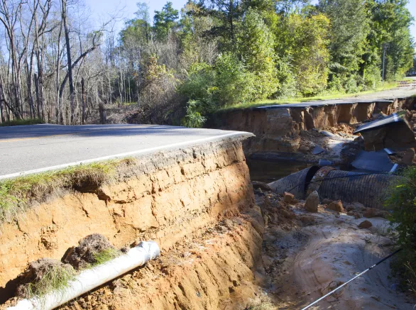 Road new Fayetteville North Carolina that has collapsed after Hurricane Matthew
