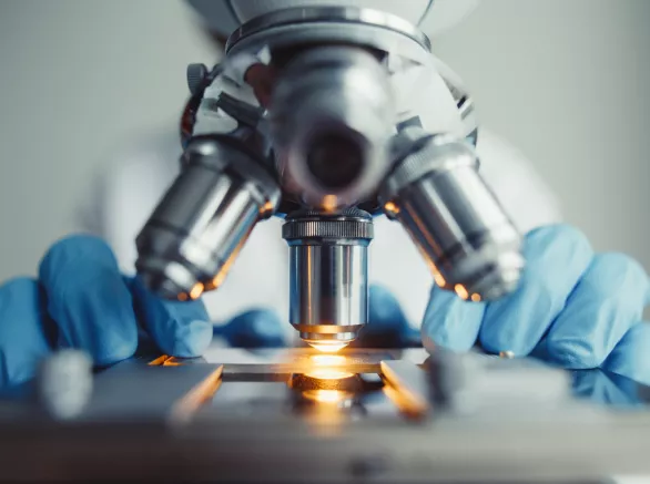 Close up of examining of test sample under the microscope