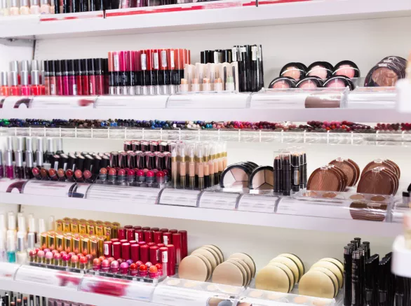 Makeup products on a store shelf