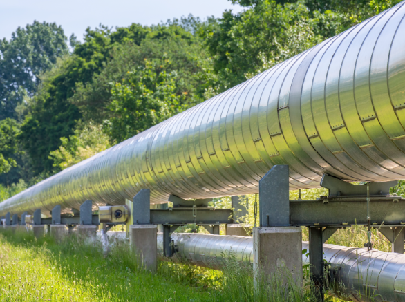 Two silver pipelines (stacked on top of each other) extending through a meadow