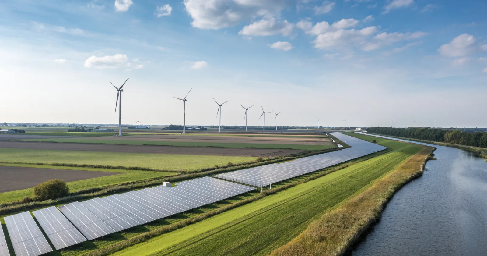 Solar panels and wind turbines generating renewable energy for green and sustainable future.