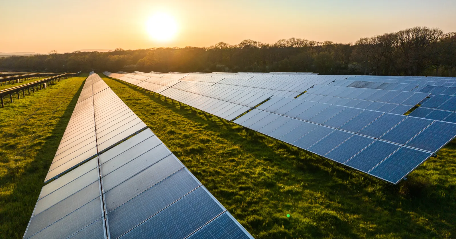 Solar power farm in the evening, West Sussex, UK.