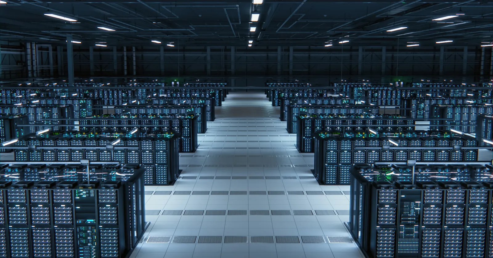 Modern Data Technology Center Server Racks Working in Well-Lighted Room. Concept of Internet of Things, Big Data Protection, Storage, Cryptocurrency Farm, Cloud Computing. Mining Facility Warehouse.