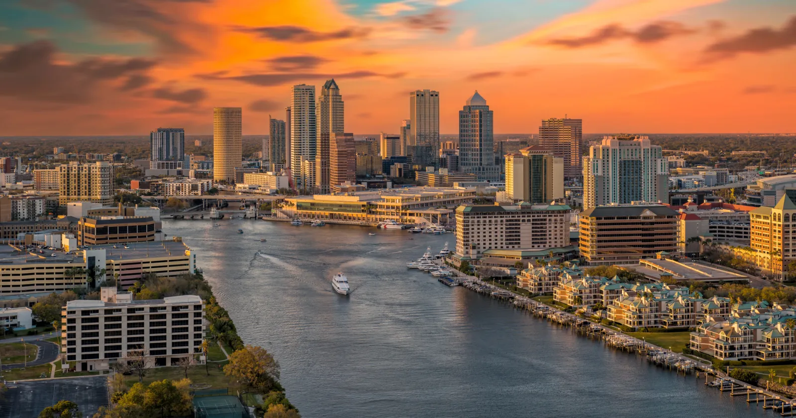 Aerial view of Tampa, Florida at sunset
