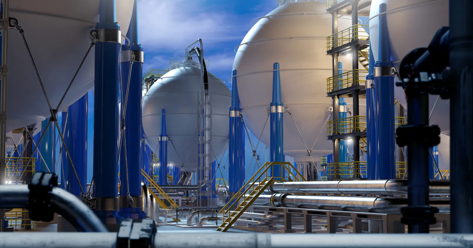 energy company equipment. Tanks for hydrogen storage. Production of clean energy from hydrogen. Tanks contain H2 to create electricity. Hydrogen power plant.