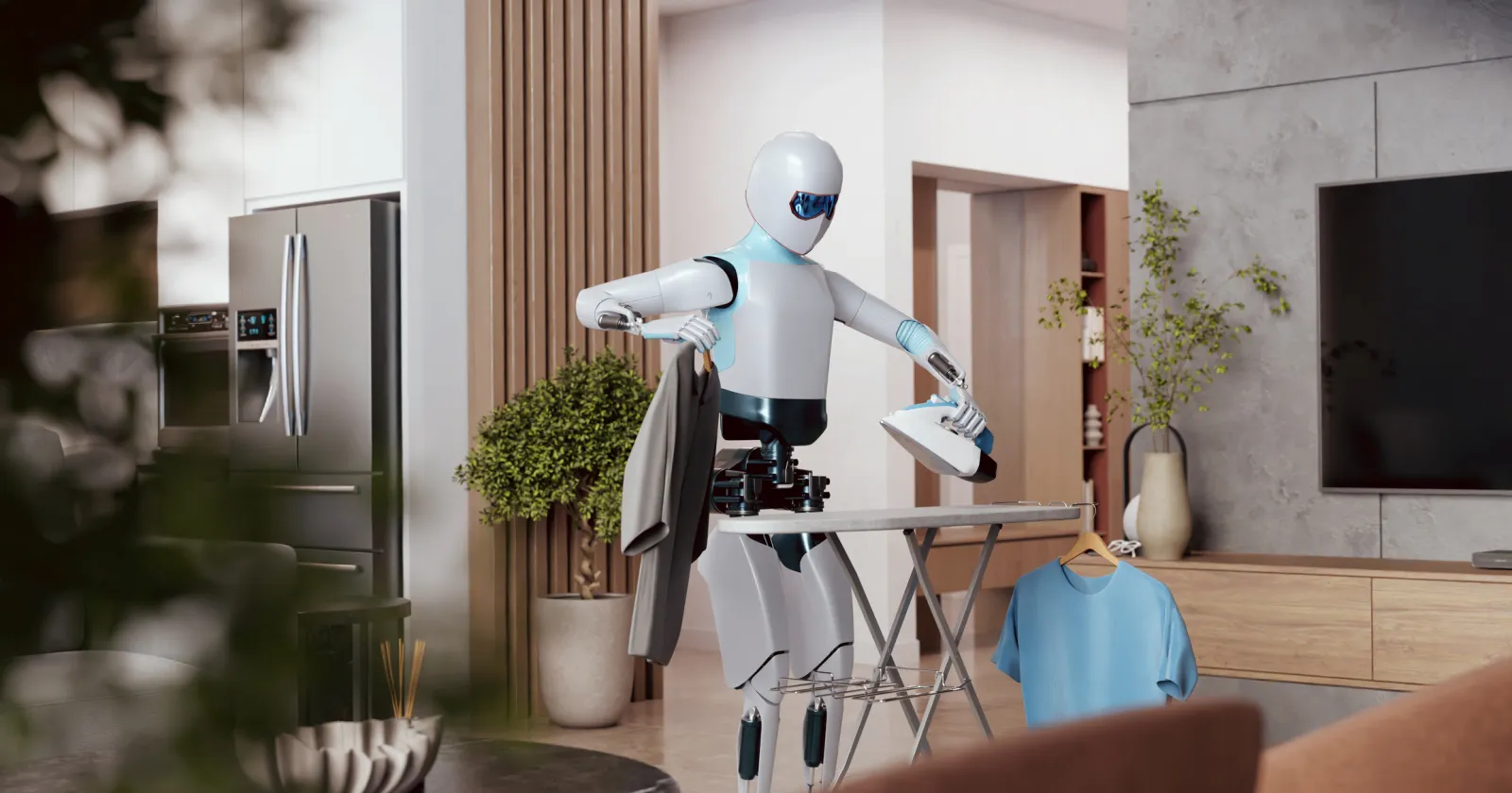 A humanoid robot is ironing clothes in a modern, stylish home, holding a jacket on a hanger while pressing a shirt on an ironing board. The futuristic AI assistant demonstrates smart home automation, showcasing advanced robotics in daily household chores. The bright, contemporary interior emphasizes a seamless blend of technology and everyday life.