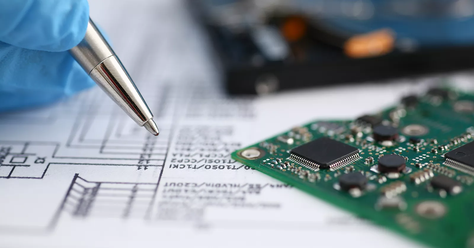 Worker evaluating a computer chip. Exponent provides technical support for copyright, infringement, and intellectual property.