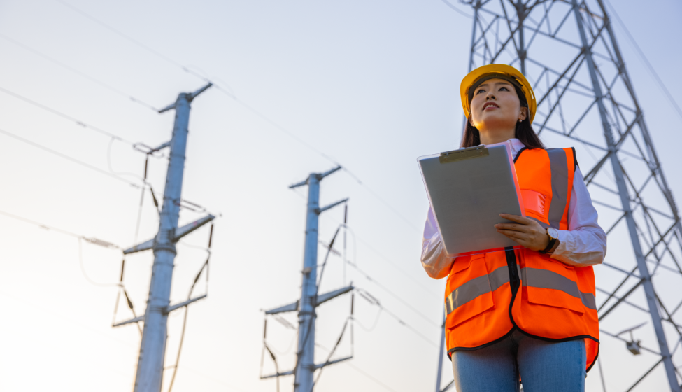 Utility worker in hard hat and bright orange vest holding clip board with utility poles in the background