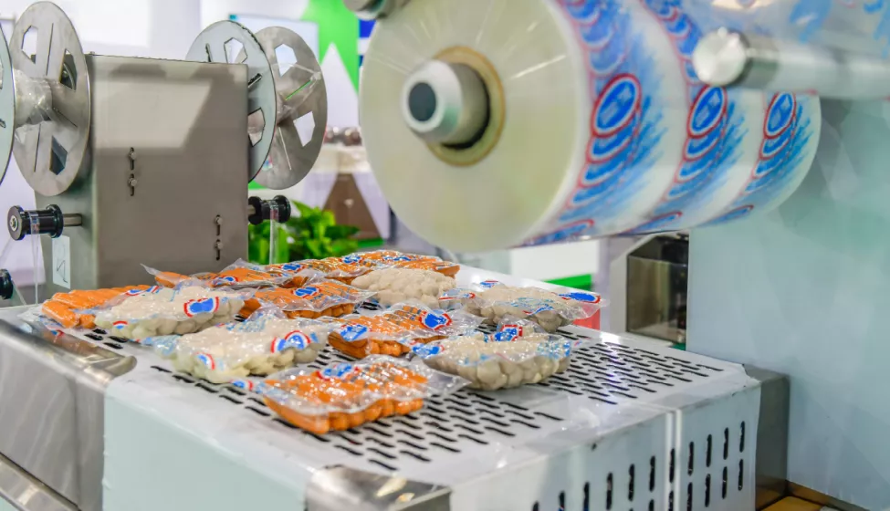 Hotdogs being wrapped by an automated machine at a food packaging plant 