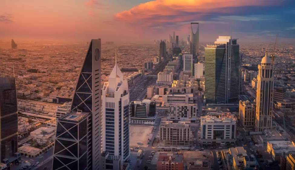 A view of the cityscape of Riyadh in Saudi Arabia with various skyscrapers