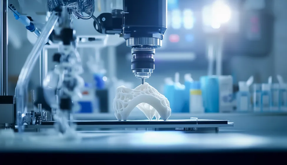 Close-up of a 3D printer crafting a complex medical model in a laboratory, focusing on precision and innovation in healthcare technology. 