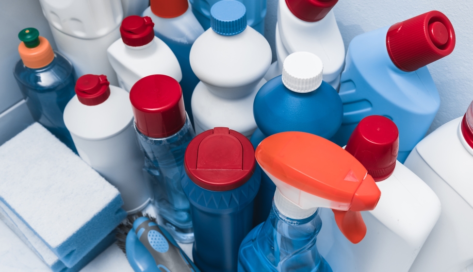 Various bottles containing cleaner and detergents