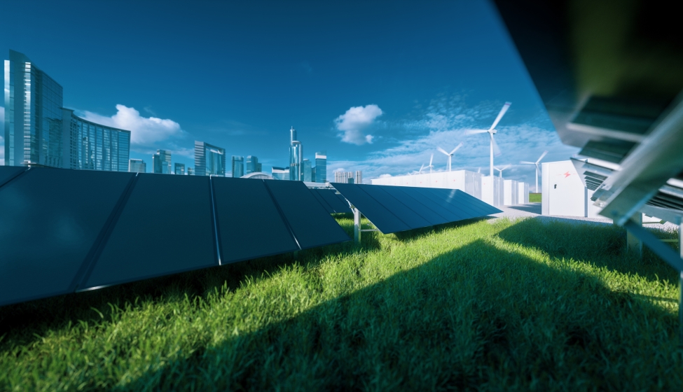 Modern black frameless solar panel farm, battery energy storage and wind turbines - sustainable energy system. 