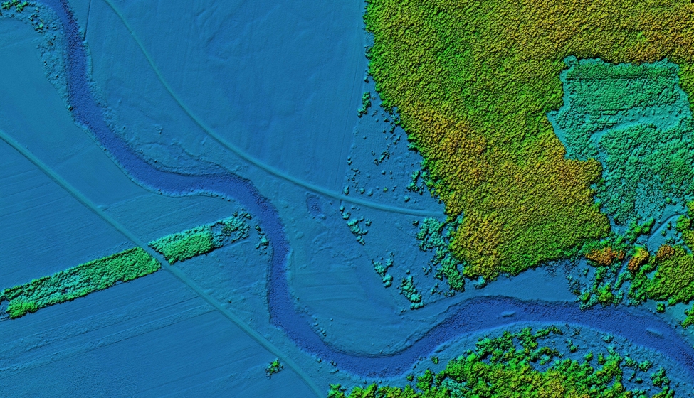 Digital elevation model of rivers and meadows next to forest taken by drone