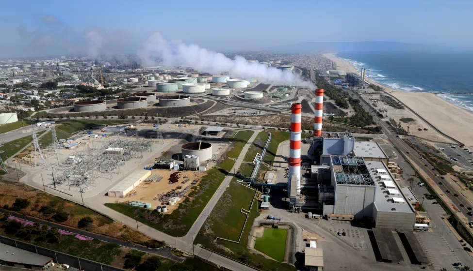 Aerial view of the towering stacks on Pacific Coast Highway at Huntington Beach, California