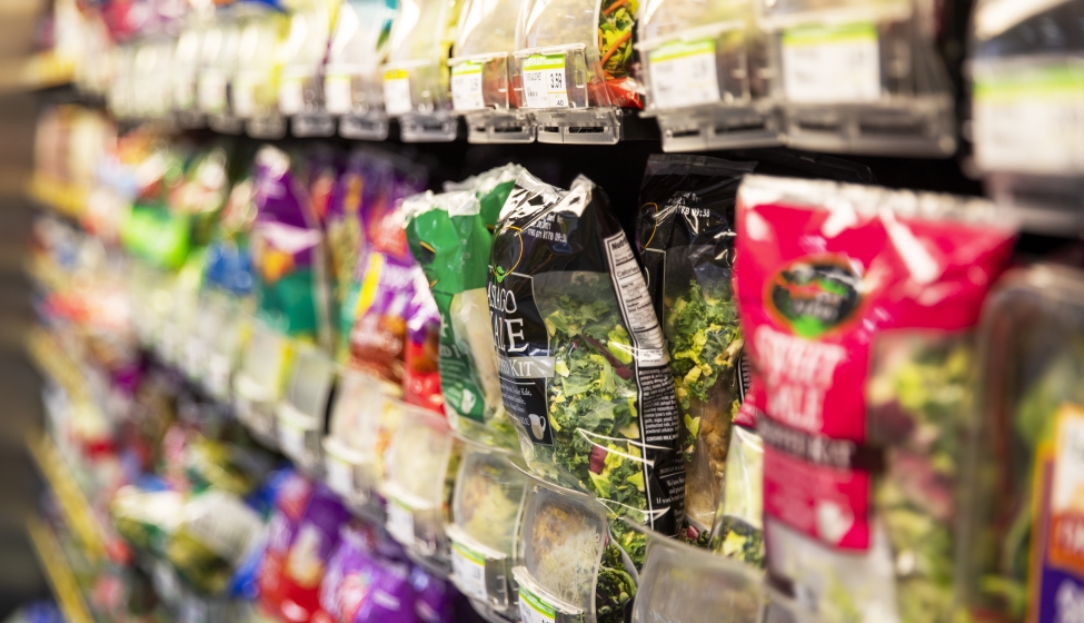 food and beverage products in plastic packaging shot in a supermarket