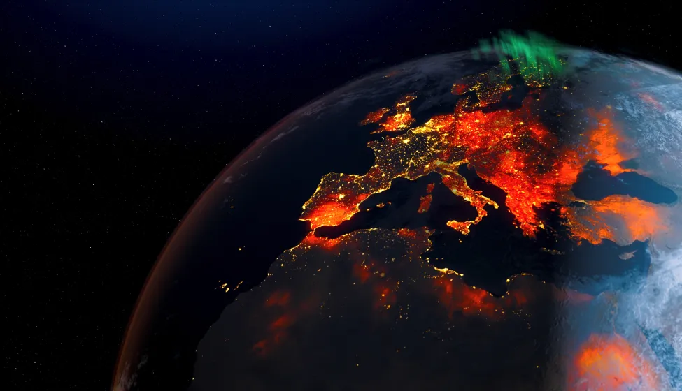 Concept of Earth wildfire view from space rotation day to night skyline. Greenhouse gas effect. Realistic 3d rendering animation. elements of this image furnished by NASA.