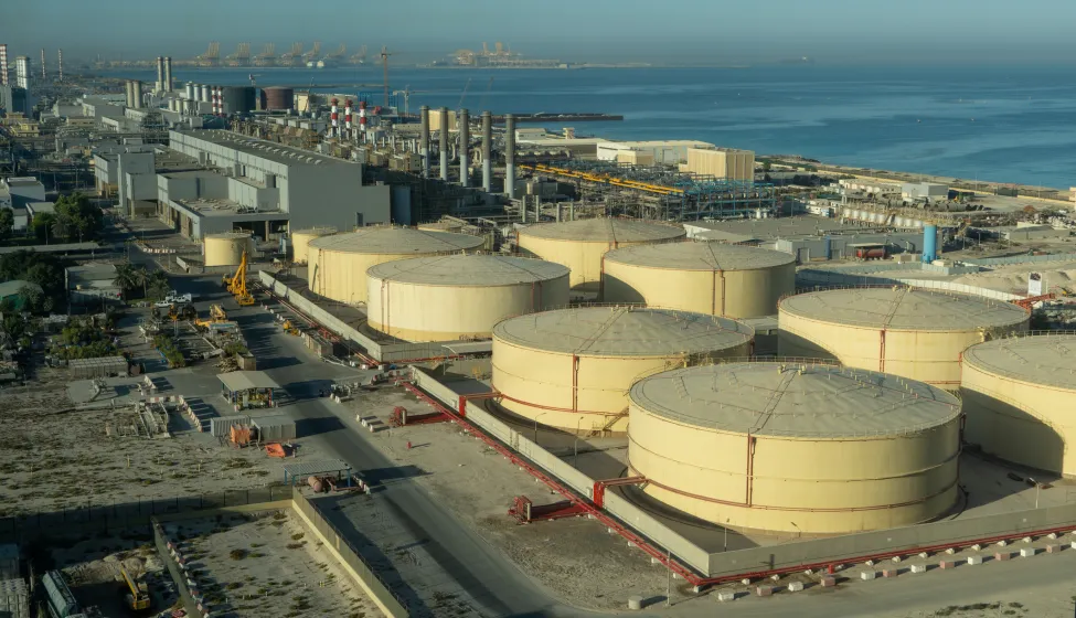 Middle East water and gas containers along the coastline for gas, water and oil concepts. Industrial zone.