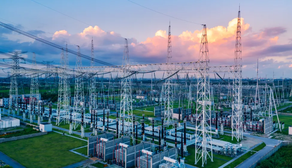 Aerial view of a high voltage substation.Industrial power tower background.